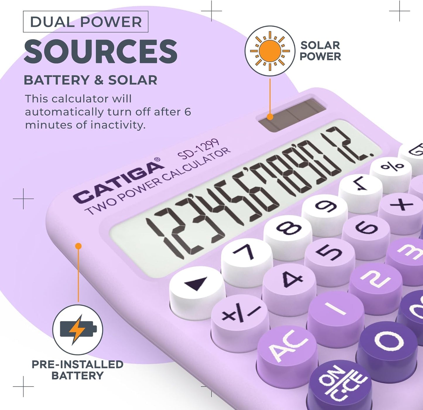 CATIGA Mechanical Switch Calculator with Solar and Battery Dual Power, 12-Digit Large LCD Display, Aesthetic and Cute Desktop Calculator with Big Button, for Home, School and Office Use, SD-1299