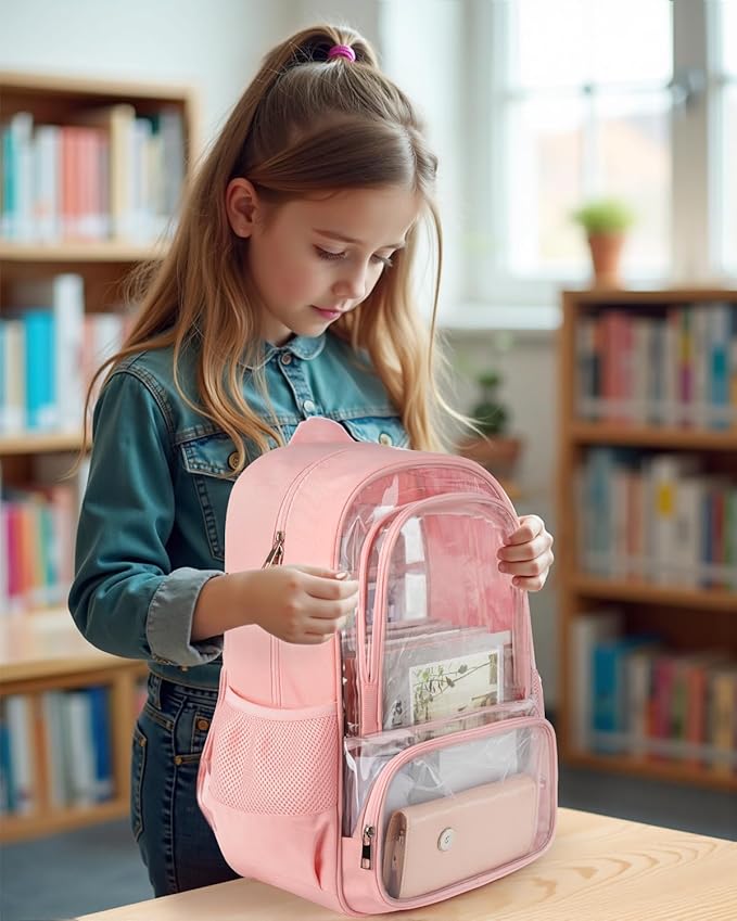 Clear Backpack, Heavy Duty Transparent Bookbag for School, Fabric & PVC Transparent Backpack with Reinforced Strap for Women Men, Capacity Clear Bag for College, Travel, X-Large Pink