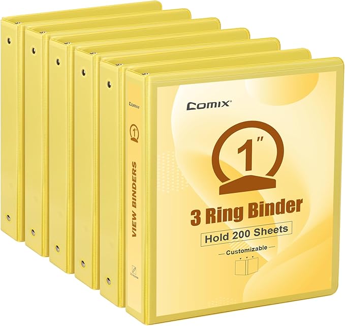 COMIX Standard 3 Ring Binder 1 inch with Clear View Cover, 1" Round Ring View Binder Holds 200 Sheets of US Letter Size Paper, 6 Pack (Lemon Yellow)