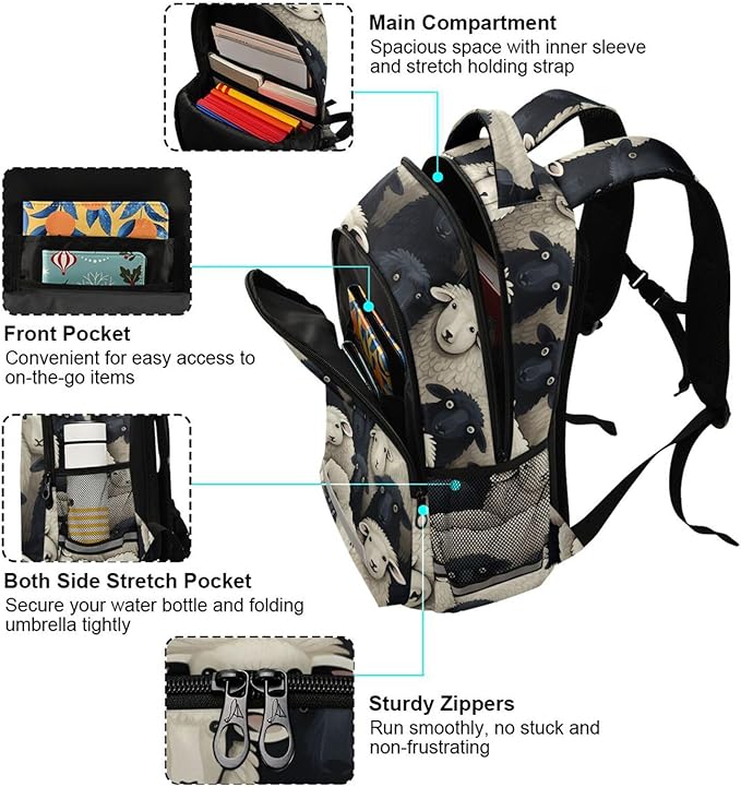 Backpack for Students Boys Girls Black White Lamb Sheep School Bag Travel Daypack Rucksack