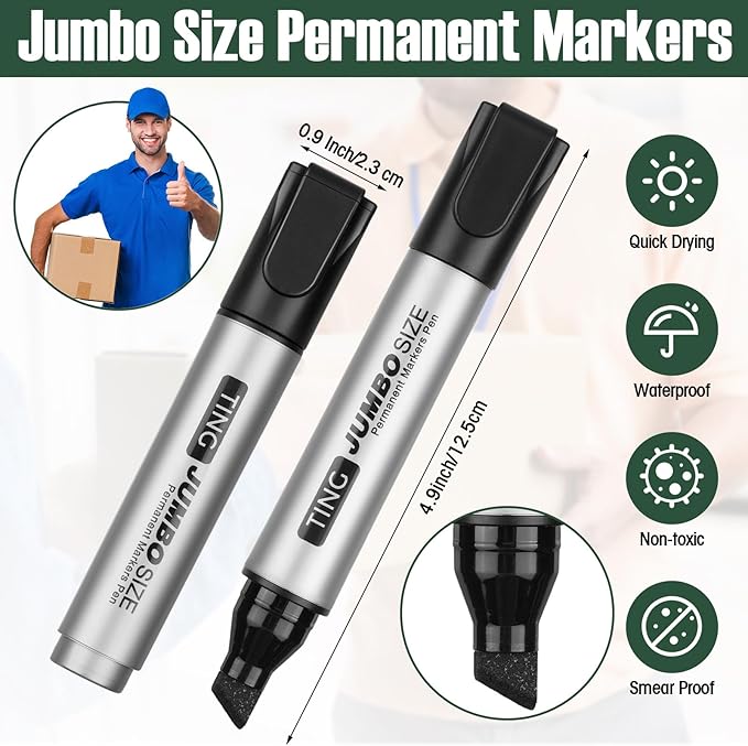 Cholemy 40 Pcs Jumbo Permanent Markers Bulk Large Chisel Tip Permanent Markers Quick Drying Pens for Office Teacher Supplies(Black)