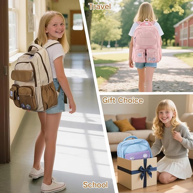 VASCHY Backpack for Girls, Cute School Bag Bookbag for Elementary Middle Schooler Teen Girls/Kids Travel with Clear Pin Pouch Khaki