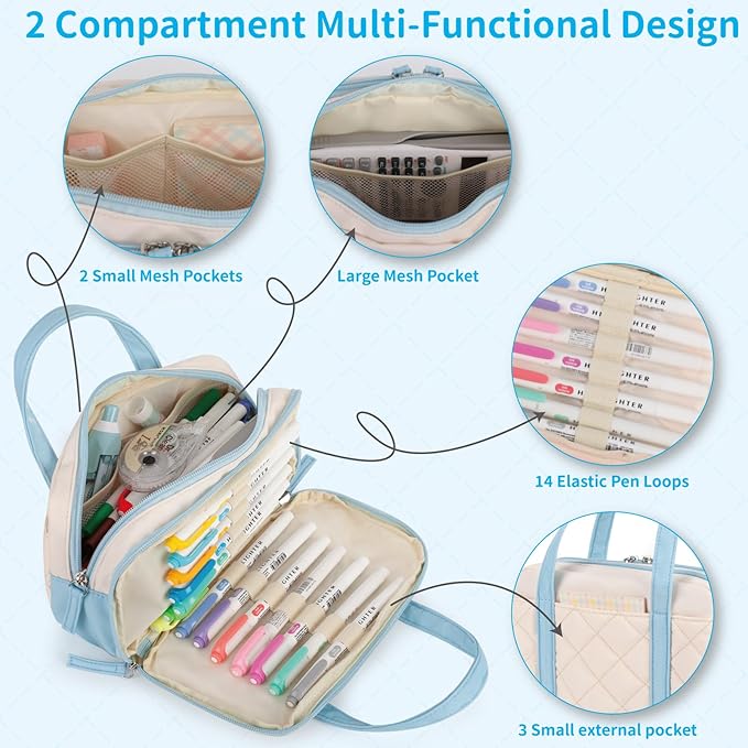 2 Compartment Pencil Case For Girls,Zipper Pencil Bag With Handle, Large Capacity quilting Pencil Pouch Organizer Aesthetic, Womens Soft Pencil Box Marker Pouch For Middle School Office College