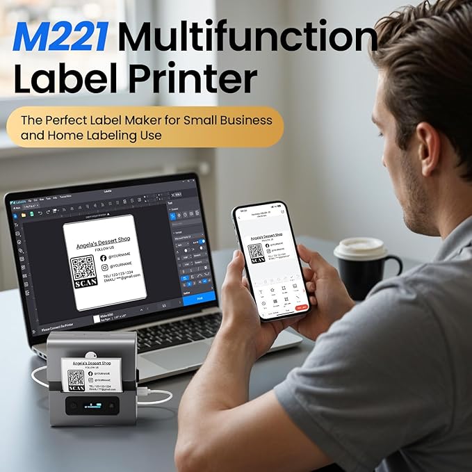 Phomemo Label Makers- Barcode Label Printer M221 3 Inch Label Maker Bluetooth Thermal Printer for Small Business/Home Use, for Barcode, Address, Logo, Stickers, Compatible with Phone & PC, Gray