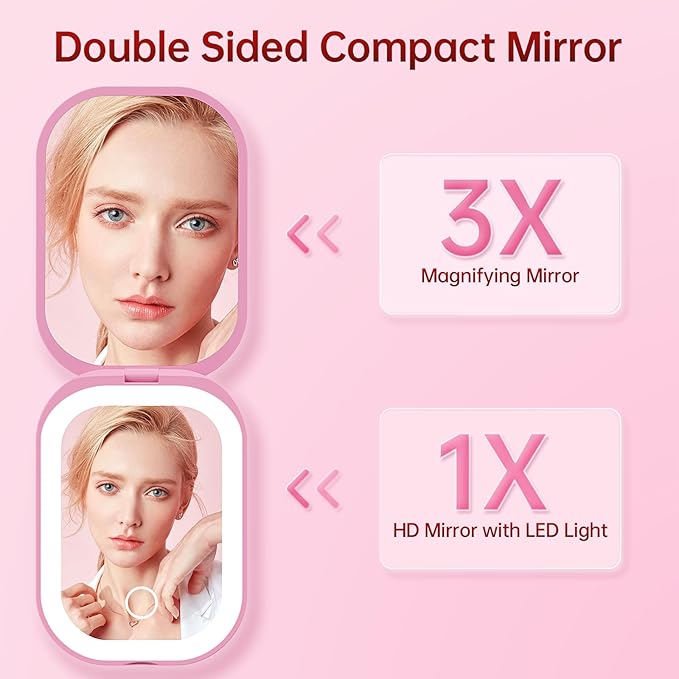 Benbilry Lighted Compact Travel Mirror with 3 Color Lights, 1X/3X Magnifying Ultra Slim Rechargeable Pocket Mirror for Purse, 2-Sided, Handheld, Folding, Portable, Pink