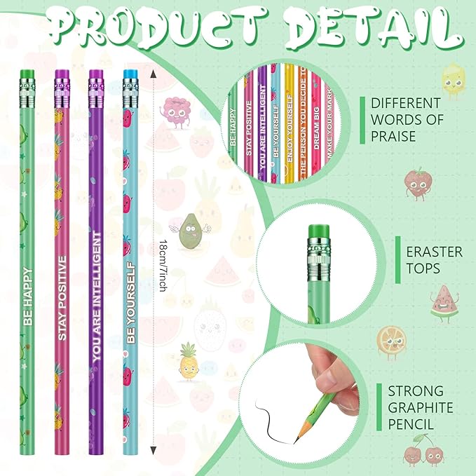 Leinuosen 100 Pcs Scented Pencils Bulk for Kids Inspirational Cute Fun Wood Smelly Pencils with Erasers Fruit Elements for School Classroom Office Students