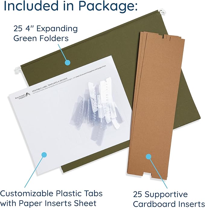 25 Blue Summit Supplies Legal Size Hanging File Folders, 4" Expansion, Standard Green, 12pt Paper, Plastic Tabs Included, Expandable Hanging File Folders, 25 Pack