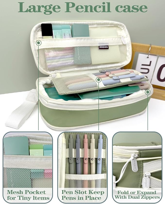 54PCS Aesthetic School Supplies with Large Pencil Case,12 Pastel Highlighters,5 Black & 6 Color Ink Gel Pens, 6-in-1 Ballpoint Pen,5 Mechanical Pencils 0.5-2.0mm Student Essentials (Green)