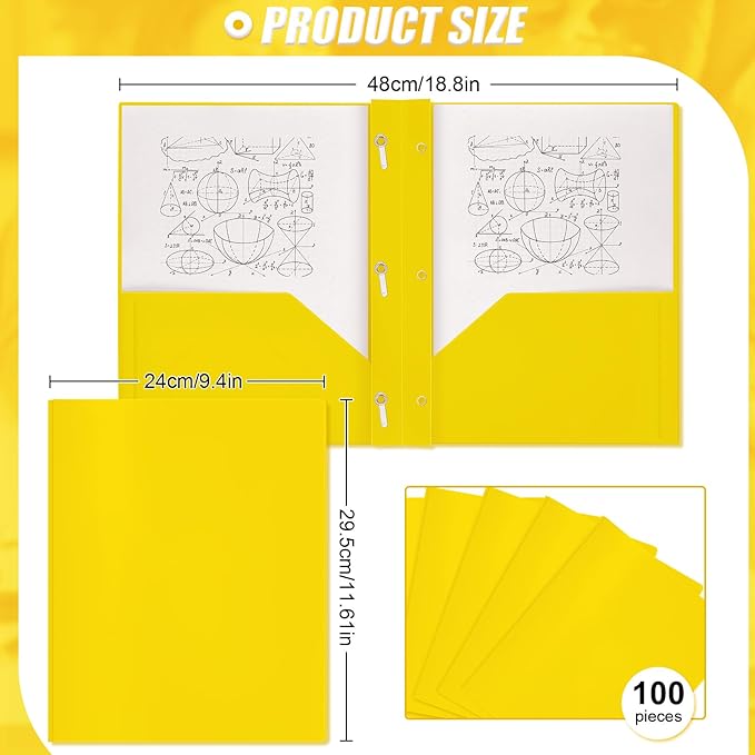 Lincia 100 Pcs Plastic Folders with 2 Pockets and Prongs for Office, School, Students, Teachers, Office Workers (Yellow)