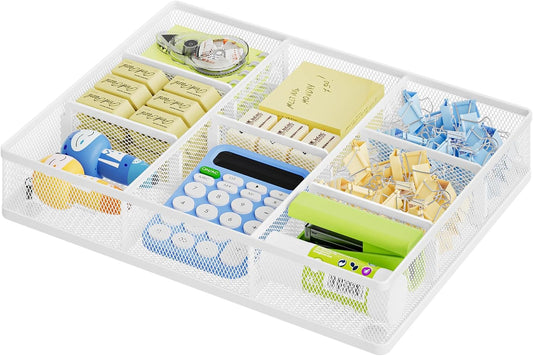 Marbrasse Desk Drawer Organizer, Metal Mesh Drawer Organizer Tray with 5 Adjustable Compartments,Desk Organizers and Accessories for Home,Office,Kitchen,Makeup,Vanity (White)