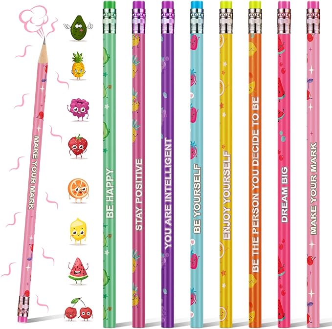 Leinuosen 72 Pcs Scented Pencils for Kids Cute Motivational Colorful Fun Wood HB Pencils Bulk with Erasers Fruit Elements for School Office Classroom Student