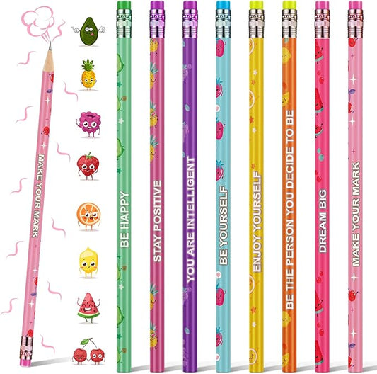 Leinuosen 48 Pcs Scented Pencils for Kids Cute Motivational Colorful Fun Wood HB Pencils Bulk with Erasers Fruit Elements for School Office Classroom Student