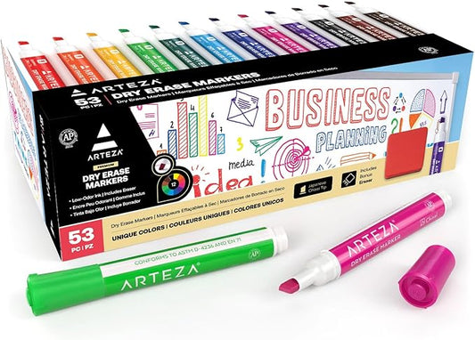 ARTEZA Dry Erase Markers Pack of 53, Chisel Tip, 12 Assorted Colors with Low-Odor Ink, Whiteboard Pens