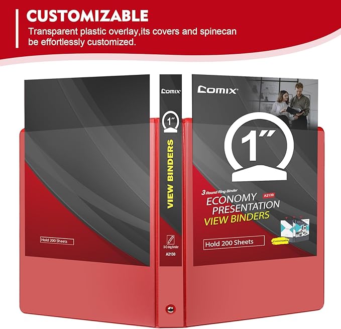 COMIX 3 Ring Binder 1 inch with Clear View Cover, 1" View Binder Holds 200 Sheets of US Letter Size Paper, 6 Pack (Red)