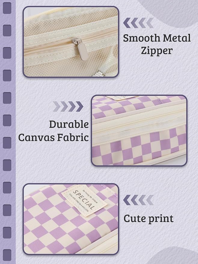 Large Capacity Pencil Case for Teens Girls - Cute Checkerboard Pencil Pouch with Zipper, Stationery Bag Box for Student Back to School Gifts, Purple