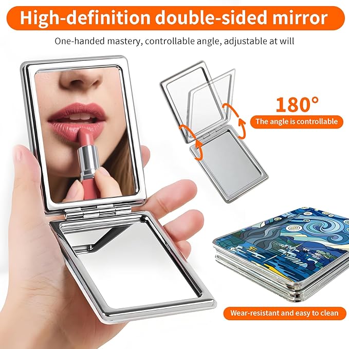 Compact Pocket Mirror, Cute Travel Mini Mirror with Magnification, Foldable Double-Sided Portable Cosmetic Mirror for Men, Women Starry Night