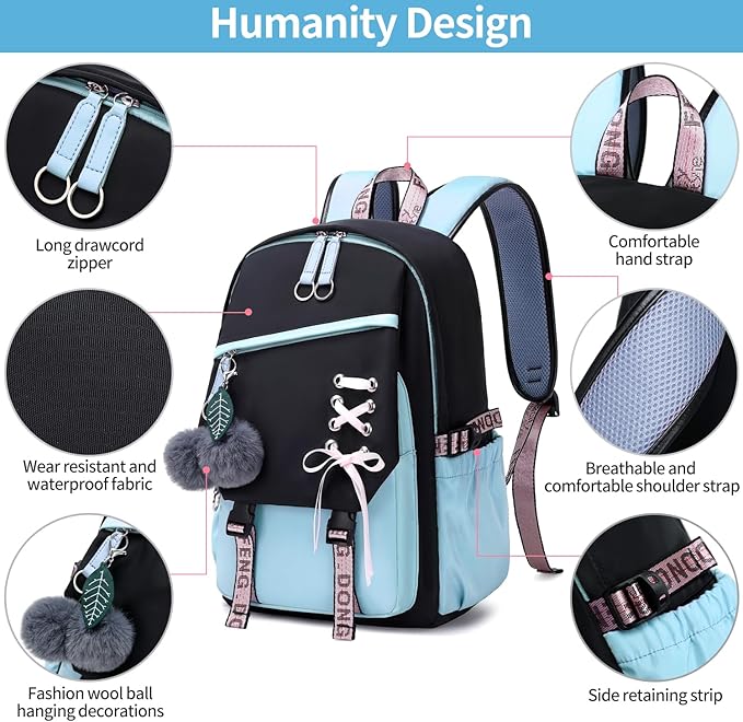 FENGDONG Teenage Girls Bookbag school Backpack Children Casual Daypack Schoolbag for Teens Blue