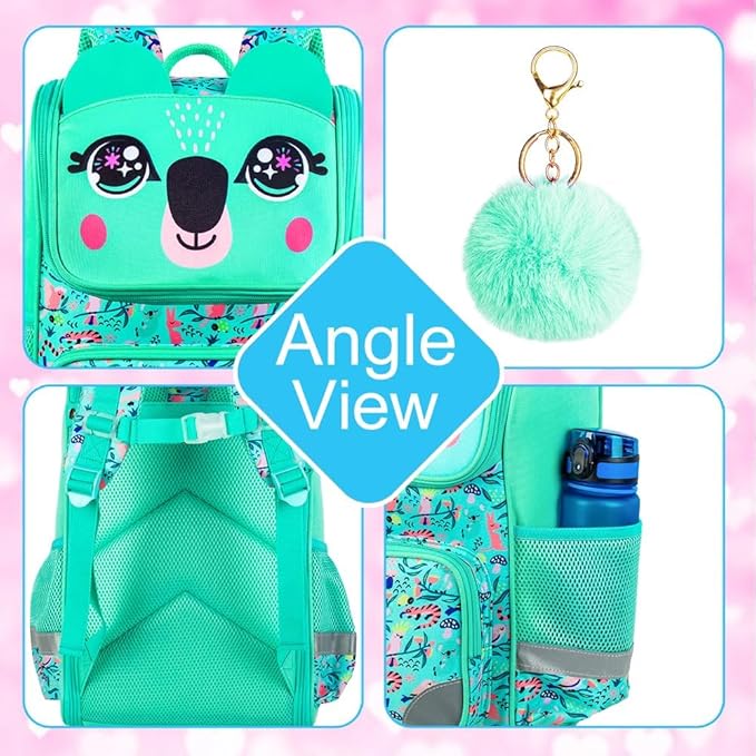 UFNDC 3PCS Bookbag for Girls, 15" Kids Sequin Bookbag with Lunch Box, Green Koala School Bag Set for Elementary Preschool Toddler