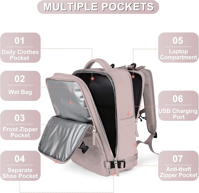 Large Travel Backpack For Women Men Airline Approved Carry On Backpack Flight Approved Waterproof Sports Backpack Casual Daypack Hiking Backpack