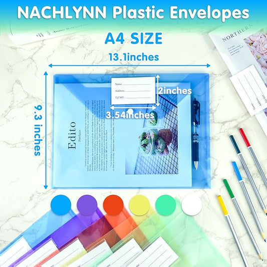 NACHLYNN 108 Pack Plastic Envelopes Plastic Folders with Snap Closure, 6 Colors A4 Size Clear File Envelopes with Label Documents Folders Organizers for Home Work Office Organization