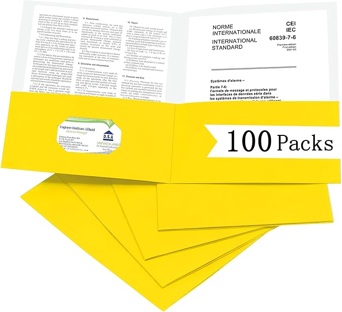 Zzrywuty 100 Packs Two Pocket File Folders with Business Card Slot,Textured Paper,Letter Size,Holds 100 Plus Sheets for School,Office,Business,Yellow