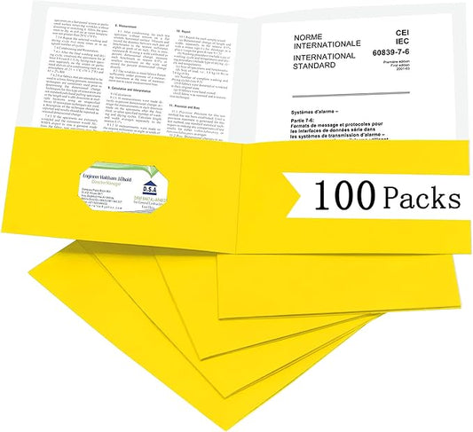 Zzrywuty 100 Packs Two Pocket File Folders with Business Card Slot,Textured Paper,Letter Size,Holds 100 Plus Sheets for School,Office,Business,Yellow