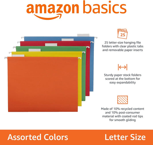 Amazon Basics Hanging Organizer File Folders for Efficient Filing, Assorted Colors, Letter Size (Pack of 25)
