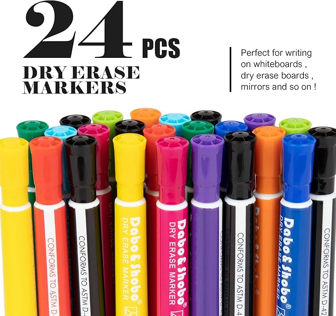Dabo&Shobo Dry Erase Markers 24 Pack, 10 Assorted Colors With Low Odor Ink, Chisel Tip, Whiteboard Markers For Back To School, Office, Home