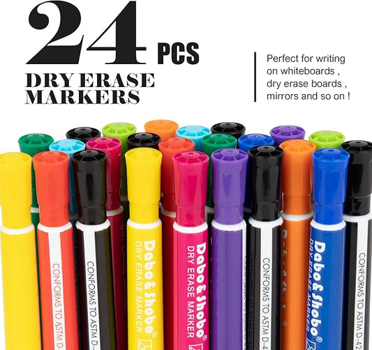 Dabo&Shobo Dry Erase Markers 24 Pack, 10 Assorted Colors With Low Odor Ink, Chisel Tip, Whiteboard Markers For Back To School, Office, Home