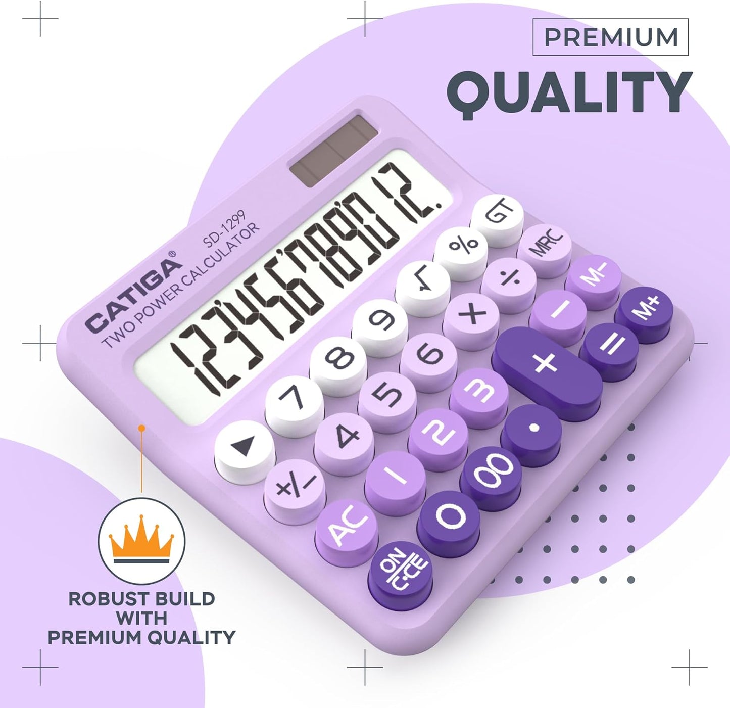 CATIGA Mechanical Switch Calculator with Solar and Battery Dual Power, 12-Digit Large LCD Display, Aesthetic and Cute Desktop Calculator with Big Button, for Home, School and Office Use, SD-1299