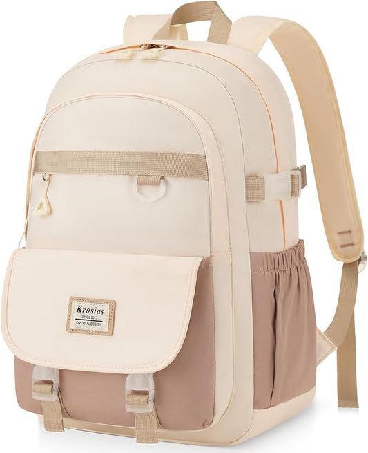 School Backpack for Teen Girls, 15.6 Inch Laptop Backpack Women Kids Bookbag for Middle High School Cute College Bag for Students, Khaki Beige