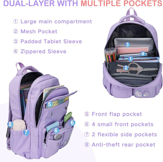 VASCHY Backpack for Girls, Cute School Bag Bookbag for Elementary Middle Schooler Teen Girls/Kids Travel with Clear Pin Pouch Purple