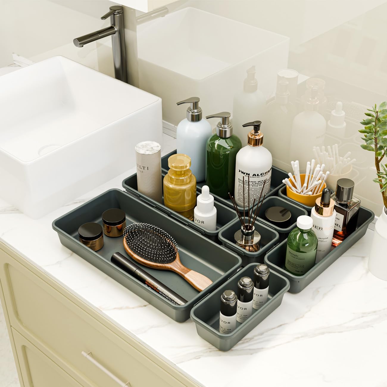 BYCY 38PCS Interlocking Desk Drawer Organizer Tray Divider Set, Plastic Black Desk Organizer Separator, Office Drawer Dividers Storage Bins for Office Bathroom Kitchen (38pcs 5Size)