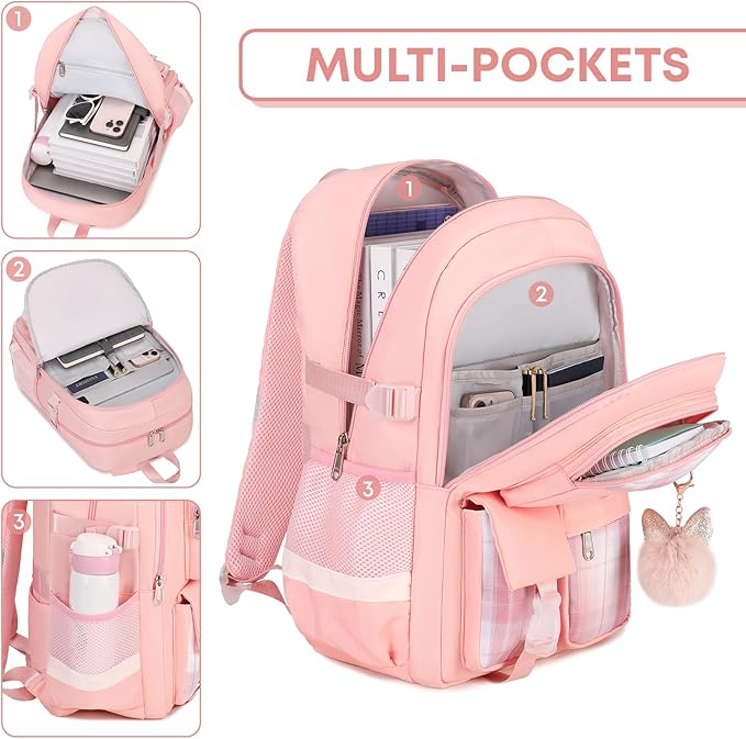 3PCS School Backpack For Student Women College Middle High Teen Girls Bookbag Waterproof Laptop Bag Plaid Pink