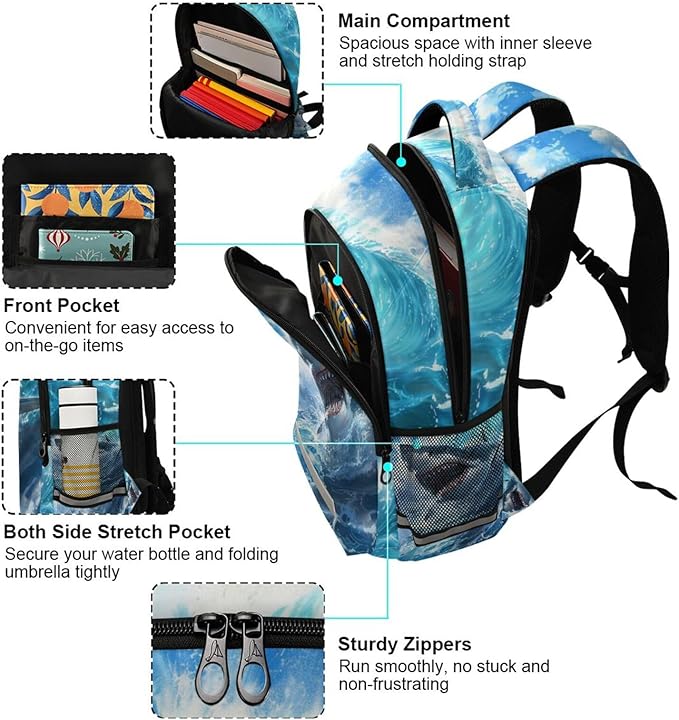 Shark Blue Ocean Wave Backpack for Boys Girls Elementary School Bag Kids Bookbag Travel Rucksack