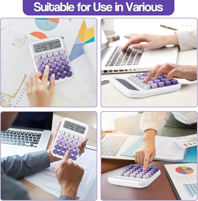 Mechanical Pushbutton Calculator,12 Digit Large LCD Display,Big Buttons Easy to Press,Colorful Candy Calculator,Automatic Sleep,with Battery.for Office,School, Home. (Violet)