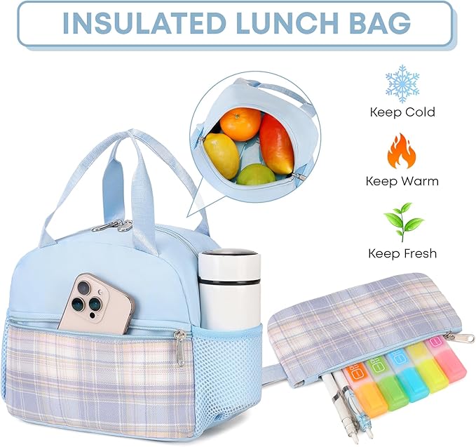 3PCS School Backpack For Student Women College Middle High Teen Girls Bookbag Waterproof Laptop Bag Plaid Blue