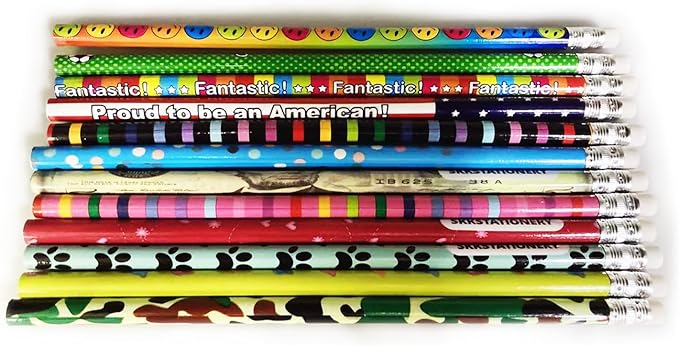 SKKSTATIONERY Assorted Colorful Pencils, Wooden Pencil with Eraser, Pencil Assortment, Novelty Kids Pencils，Awards & Incentives, No.2 HB, Back to school, 12 Assorted Colors 144/box.
