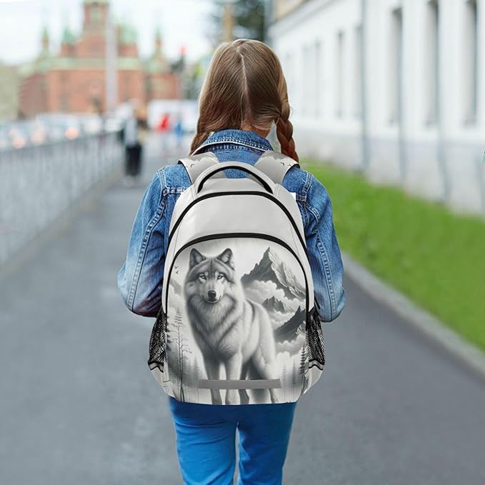 Wolf Backpack for Students Boys Girls Gray Wolf Portrait School Bag Travel Daypack Rucksack