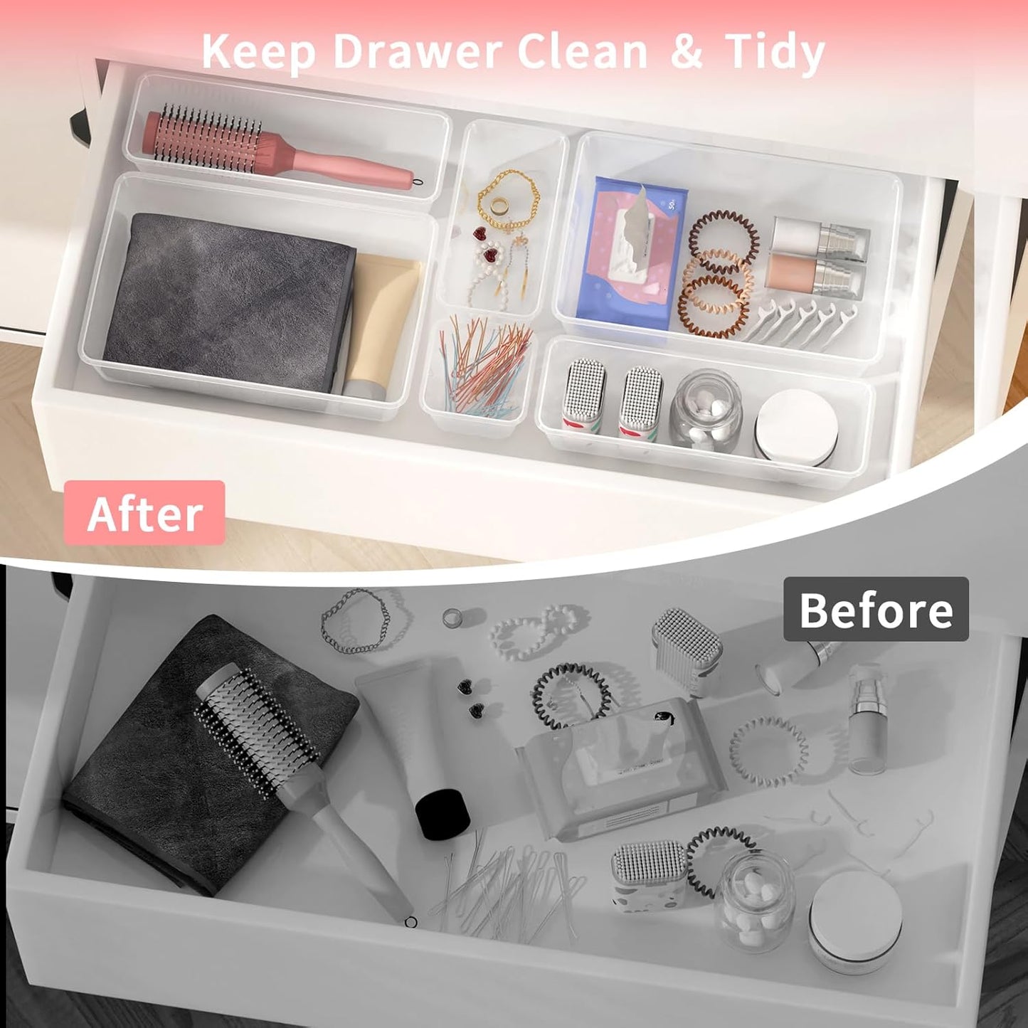 46 PCS Plastic Drawer Organizer Set, 4-Size Clear Bathroom and Vanity Desk Drawer Organizer Trays, Non-Slip Versatile Storage Divider Bins for Makeup Jewelry Bedroom Office Kitchen Gadgets