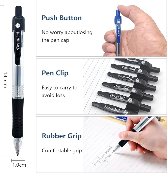 Assorted Color Quick-Dry Ballpoint & Gel Ink Pens - 12-Pack 0.5mm Fine Point Retractable for School Office, Rubber Grip - Smooth Writing Pens