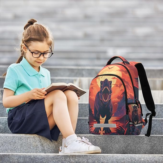 Dinosaur Sunset Backpack for Boys Girls Elementary School Bag Kids Bookbag Travel Rucksack