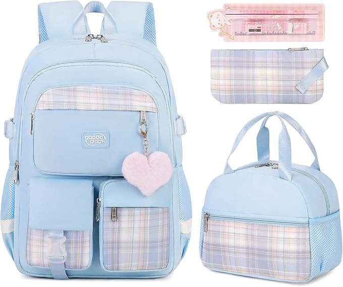 3PCS School Backpack For Student Women College Middle High Teen Girls Bookbag Waterproof Laptop Bag Plaid Blue