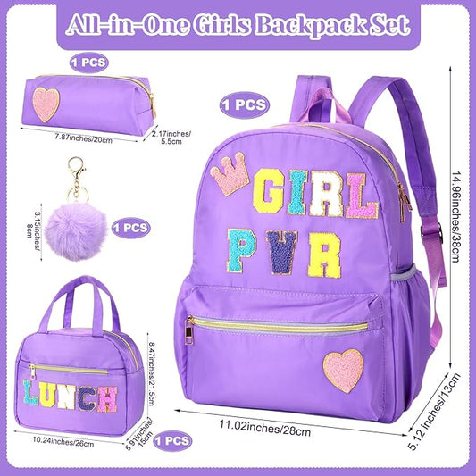 4 Pcs Christmas Child Items Bulk Backpack for Girls Purple Chenille Patch Backpack for School Students Knapsack with Lunch Box Pencil Case Poms Keychains Operation Christmas Items Bulk