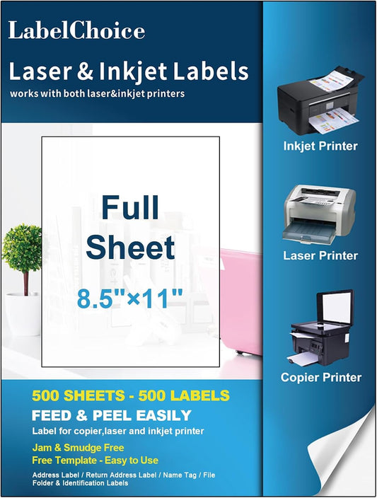 Full Sheet Shipping Labels 8.5 x 11 for Laser & Inkjet Printers, 500 Sheets 500 Labels Self Adhesive Full Sheet 8 1/2x11 Labels, Mailing Label Sheets for Printer, Full Page Shipping Labels