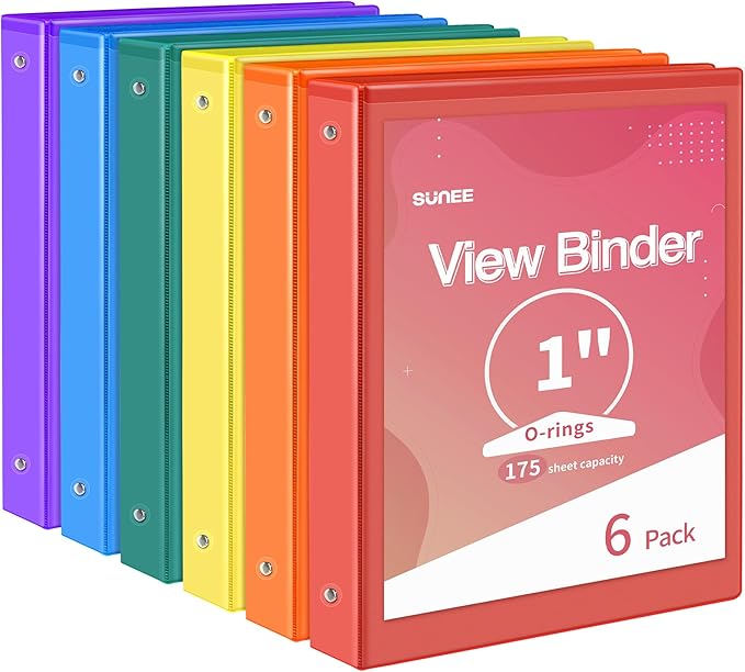 SUNEE 1 Inch Binders 3 Ring 6 Pack, Clear View Three Ring Binders PVC-Free (Fit 8.5x11 Inches) for School Binder or Office Binder Supplies, Classic 6 Colors