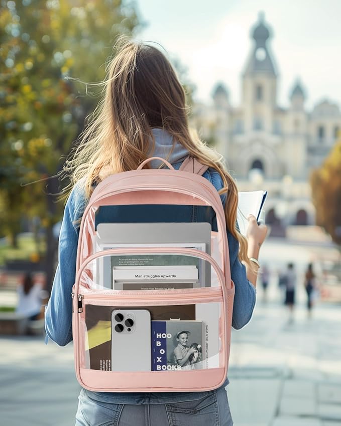 Clear Backpack, Heavy Duty Transparent Bookbag for School, Fabric & PVC Transparent Backpack with Reinforced Strap for Women Men, Capacity Clear Bag for College, Travel, Security, Pink