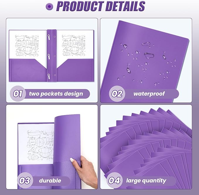 Lincia 100 Pcs Plastic Folders with Pockets and Prong Folders with Prongs Plastic Folders with 2 Pockets Pocket Folders for Office, School for Students, Teachers, Office Workers (Purple)