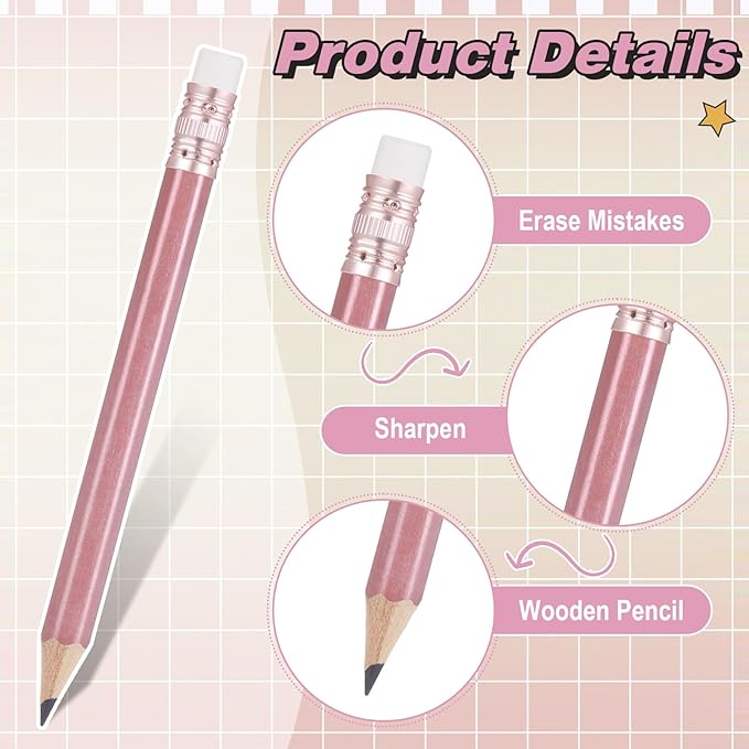 Chivao 288 Pieces Golf Mini Pencils Bulk with Eraser #2 HB Golf Short Pre Sharpened Pencils for Party Favors Office Supplies 4 Inch (Rose Gold)