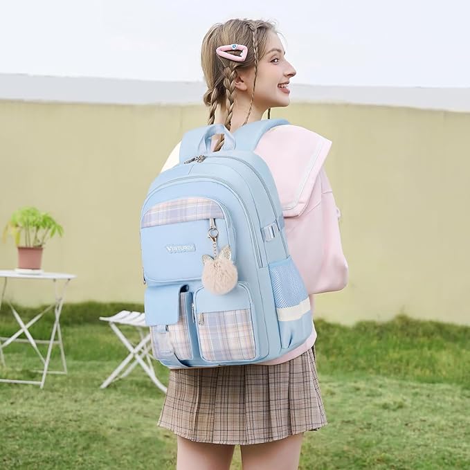 3PCS School Backpack For Student Women College Middle High Teen Girls Bookbag Waterproof Laptop Bag Plaid Blue
